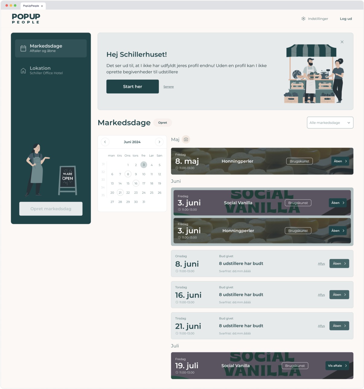 Empty market-days management page for locations with calendar placeholder and an "Opret markedsdag" call-to-action placeholder panel.